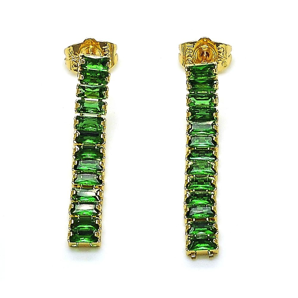Gold Finish Long Earring Baguette Design with Green Cubic Zirconia Polished Golden Tone
