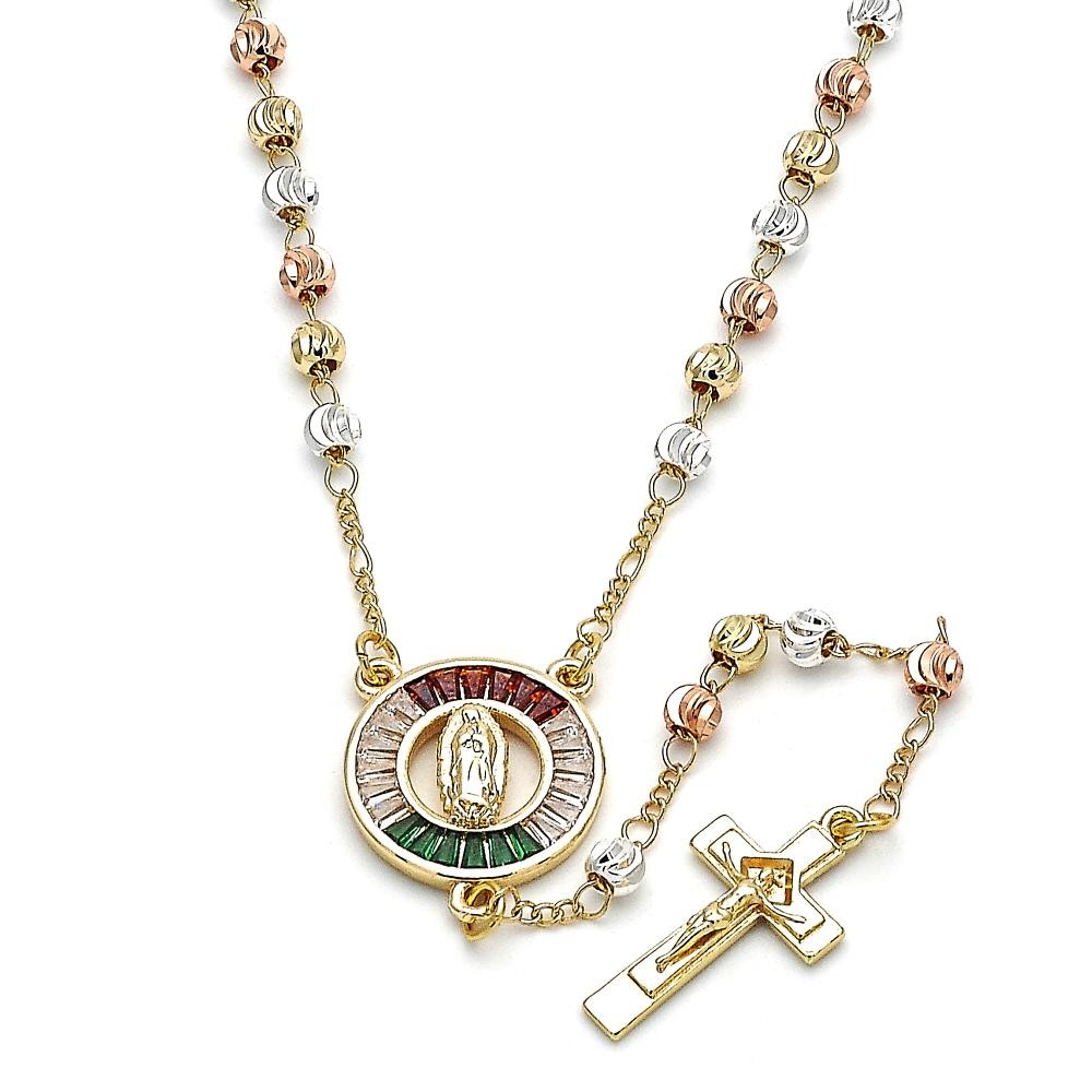 Gold Finish 20" Thin Rosary Guadalupe and Crucifix Design with Garnet and White Cubic Zirconia Diamond Cutting Finish Tri Tone