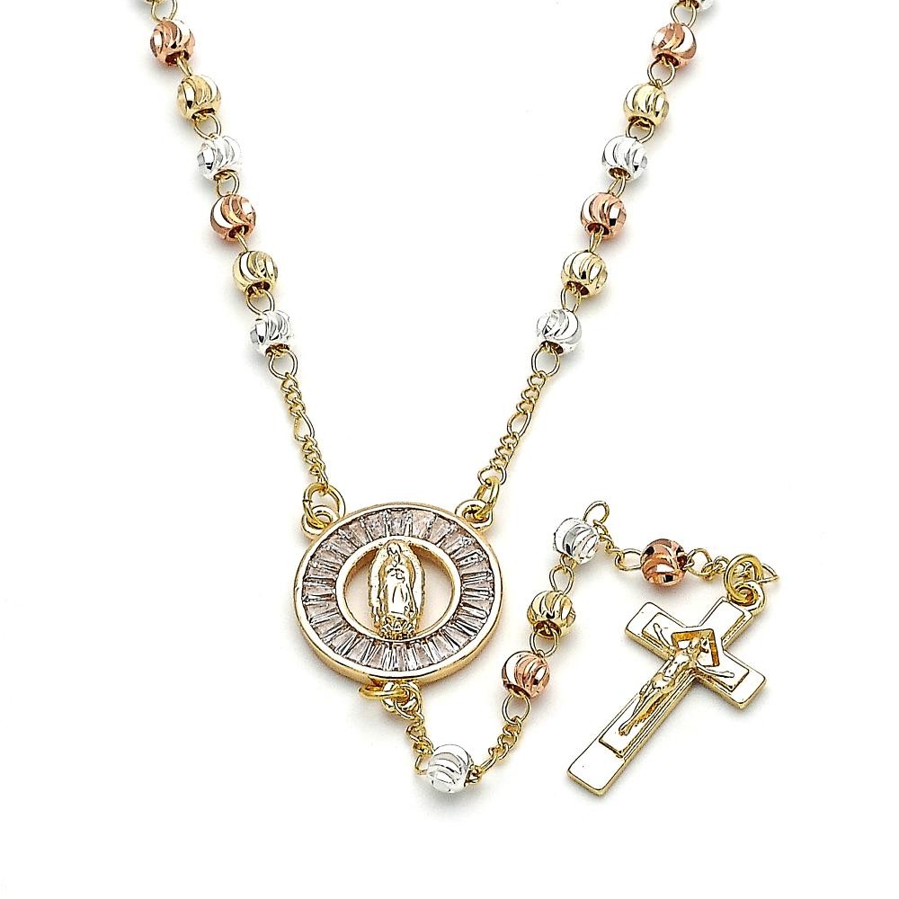 Gold Finish 20" Thin Rosary Guadalupe and Crucifix Design with White Cubic Zirconia Diamond Cutting Finish Tri Tone