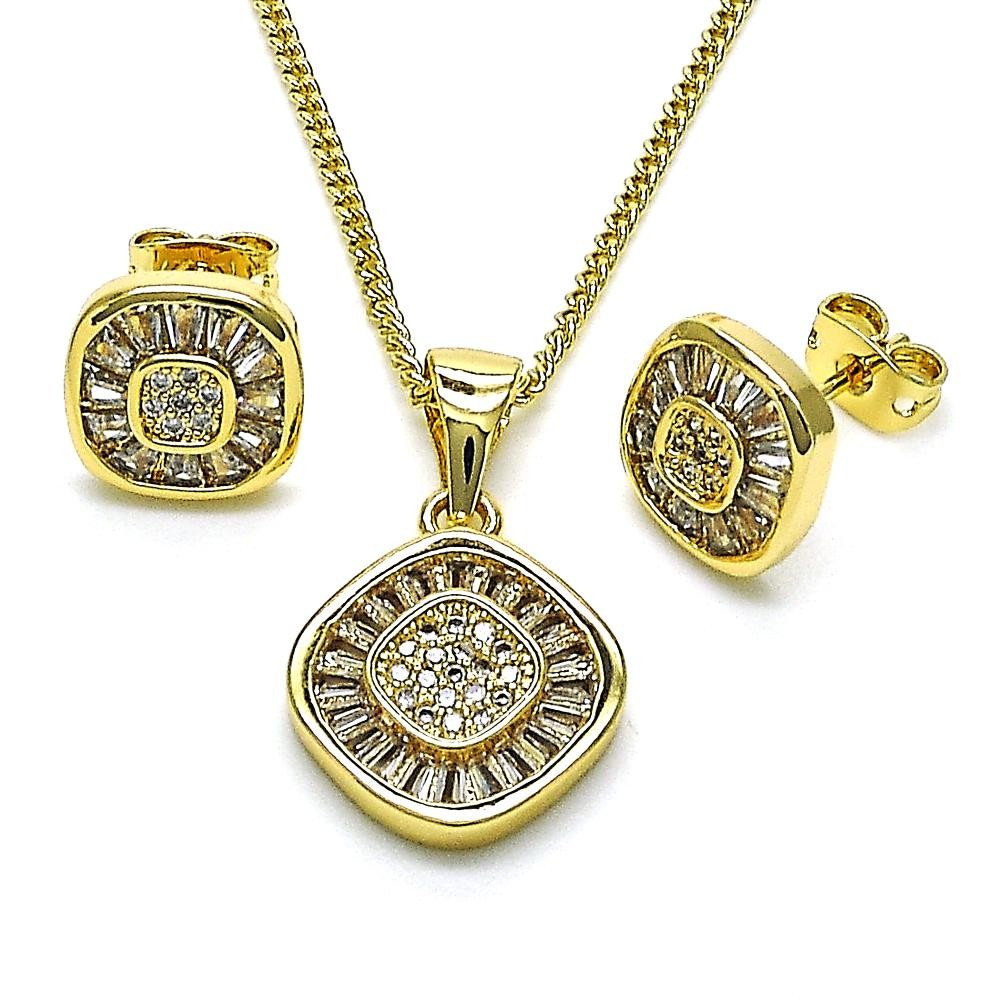 Gold Filled Earring and Pendant Set Baguette and Cluster Design with White Cubic Zirconia and White Micro Pave Polished Golden Finish