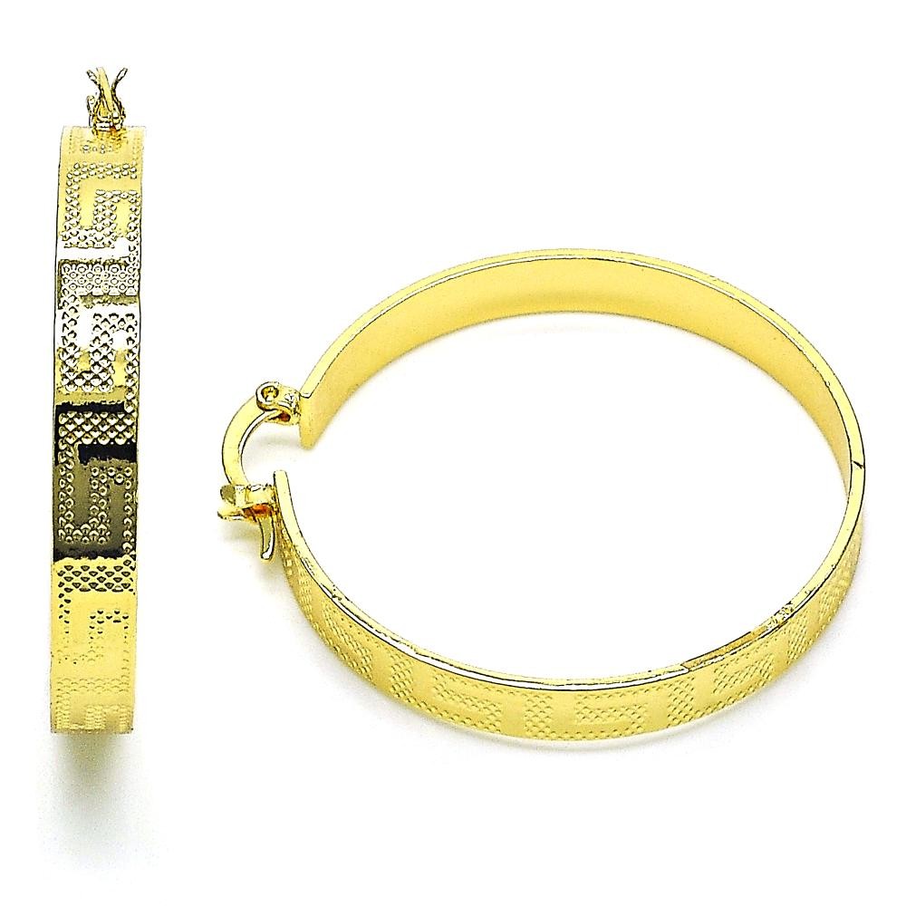 Gold Finish 42mm Medium Hoop Greek Key Design Diamond Cutting Finish Golden Tone