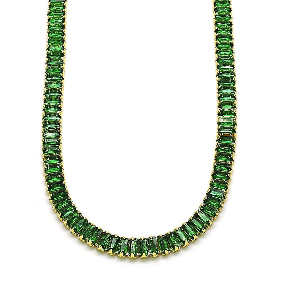 Gold Finish Fancy Necklace Baguette Design with Green Cubic Zirconia Polished Golden Tone