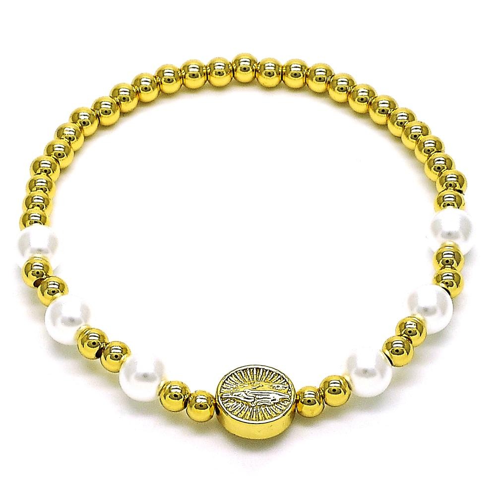 Gold Finish Fancy Bracelet and Virgin Mary with Ivory Pearl Polished Golden Tone