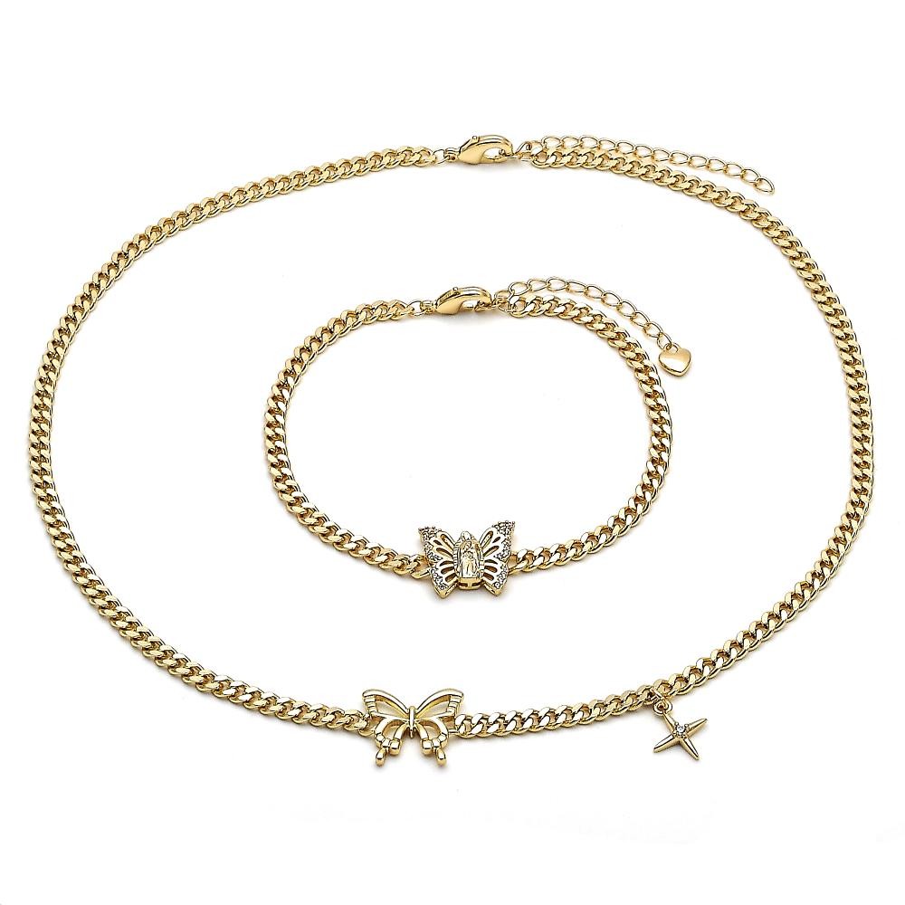 Gold Finish Necklace and Bracelet Butterfly and Guadalupe Design with White Micro Pave Polished Golden Tone