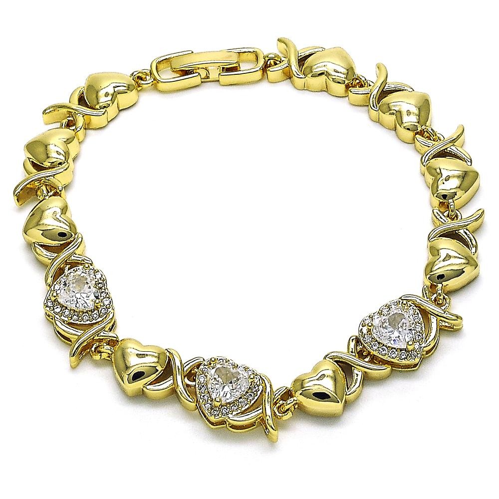 Gold Filled Fancy Bracelet Hugs and Kisses and Heart Design with White Cubic Zirconia and White Micro Pave Polished Golden Finish 8 MM Thickness 7 Inches Length