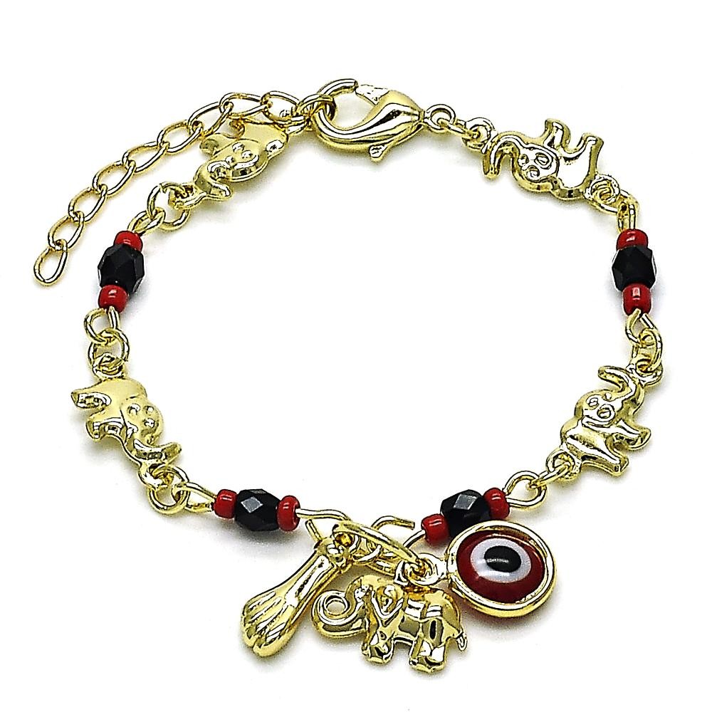 Gold Finish Charm Bracelet Elephant and Evil Eye Design with Garnet Crystal Polished Golden Tone