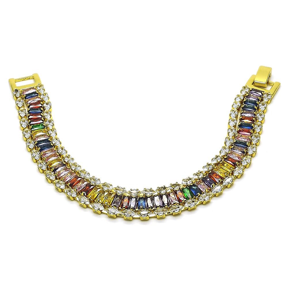 Gold Finish Tennis Bracelet Baguette Design with Multicolor Cubic Zirconia Polished Golden Tone