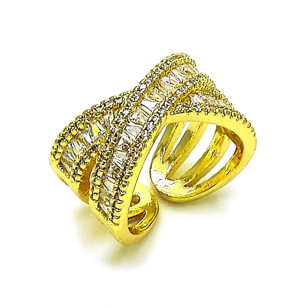Gold Finish Multi Stone Ring Baguette Design with White Cubic Zirconia and White Micro Pave Polished Golden Tone