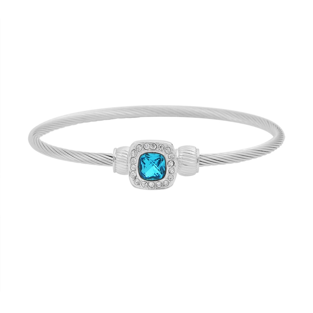 Stainless Steel Silver Tone Ladies Bangle With Aquamarine Crystal