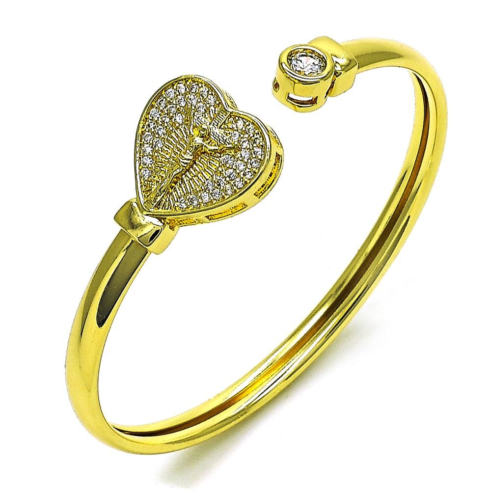 Gold Filled Individual Bangle Heart and Crucifix Design with White Micro Pave and White Cubic Zirconia Polished Golden Finish