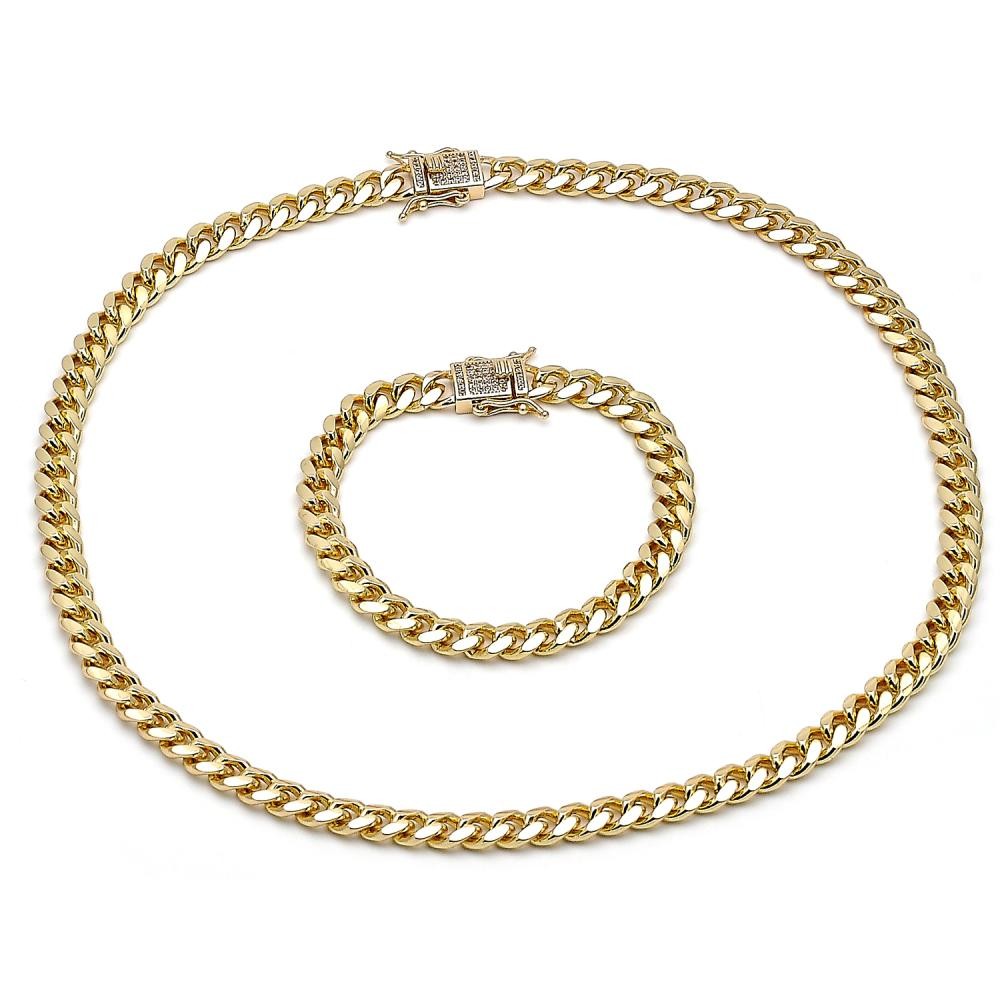 Gold Finish Necklace and Bracelet Miami Cuban Design with White Micro Pave Polished Golden Tone