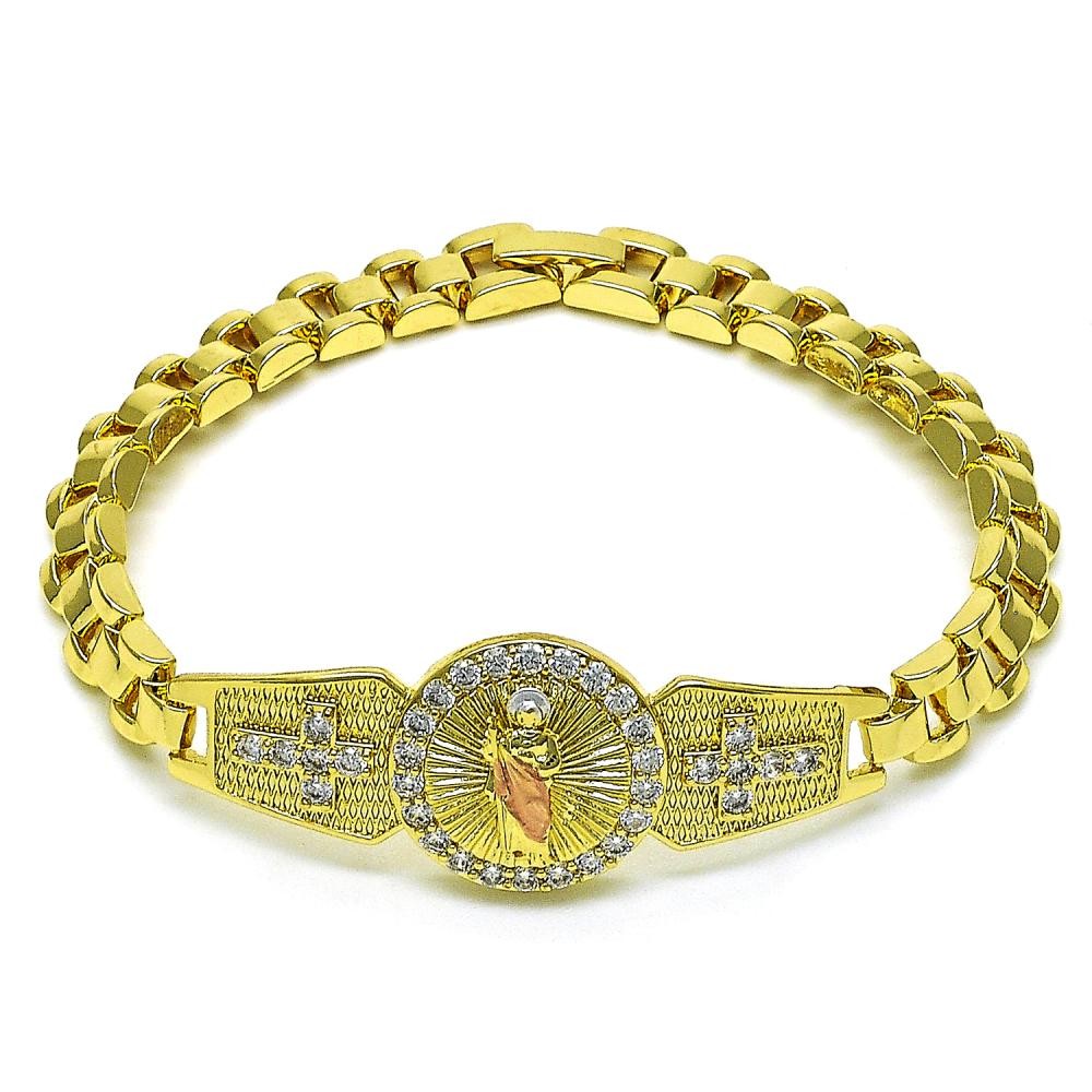 Gold Finish Solid Bracelet San Judas and Cross Design with White Cubic Zirconia Polished Tri Tone