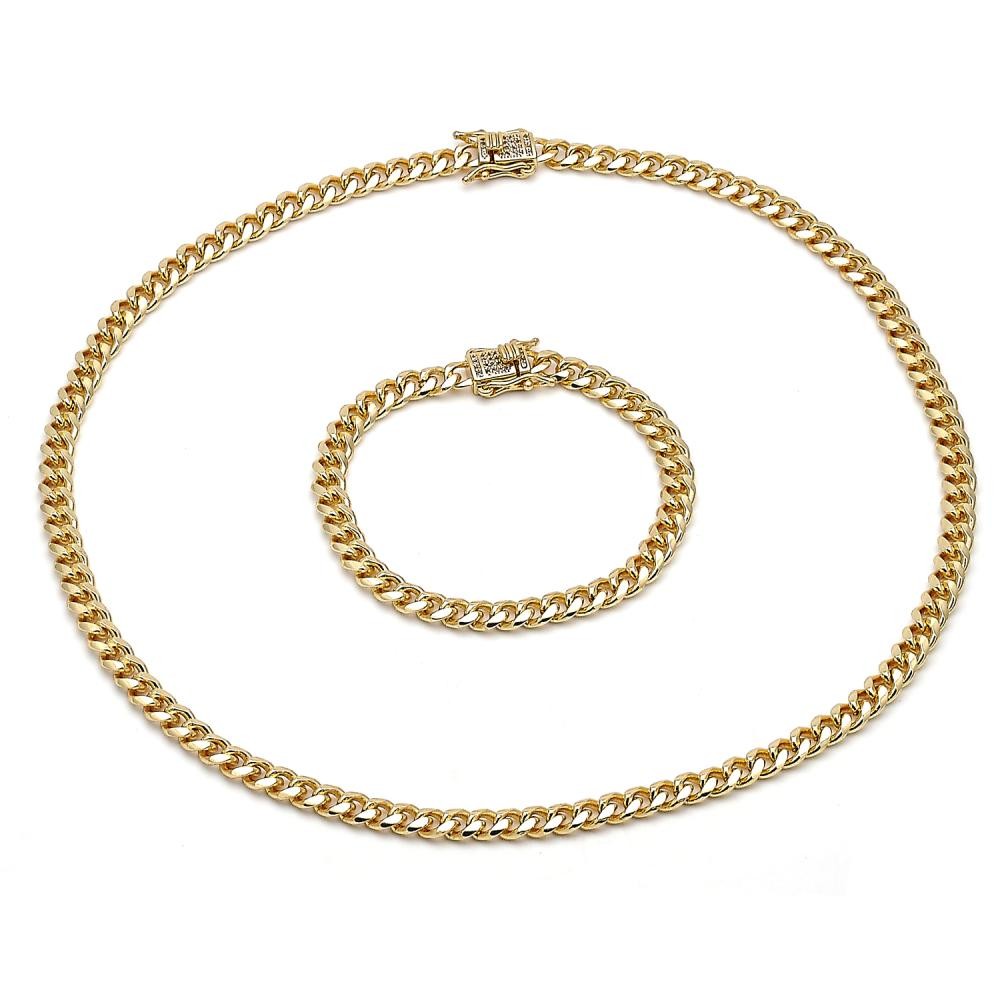 Gold Filled Necklace and Bracelet Miami Cuban and Box Lock Design with White Micro Pave Polished Golden Finish