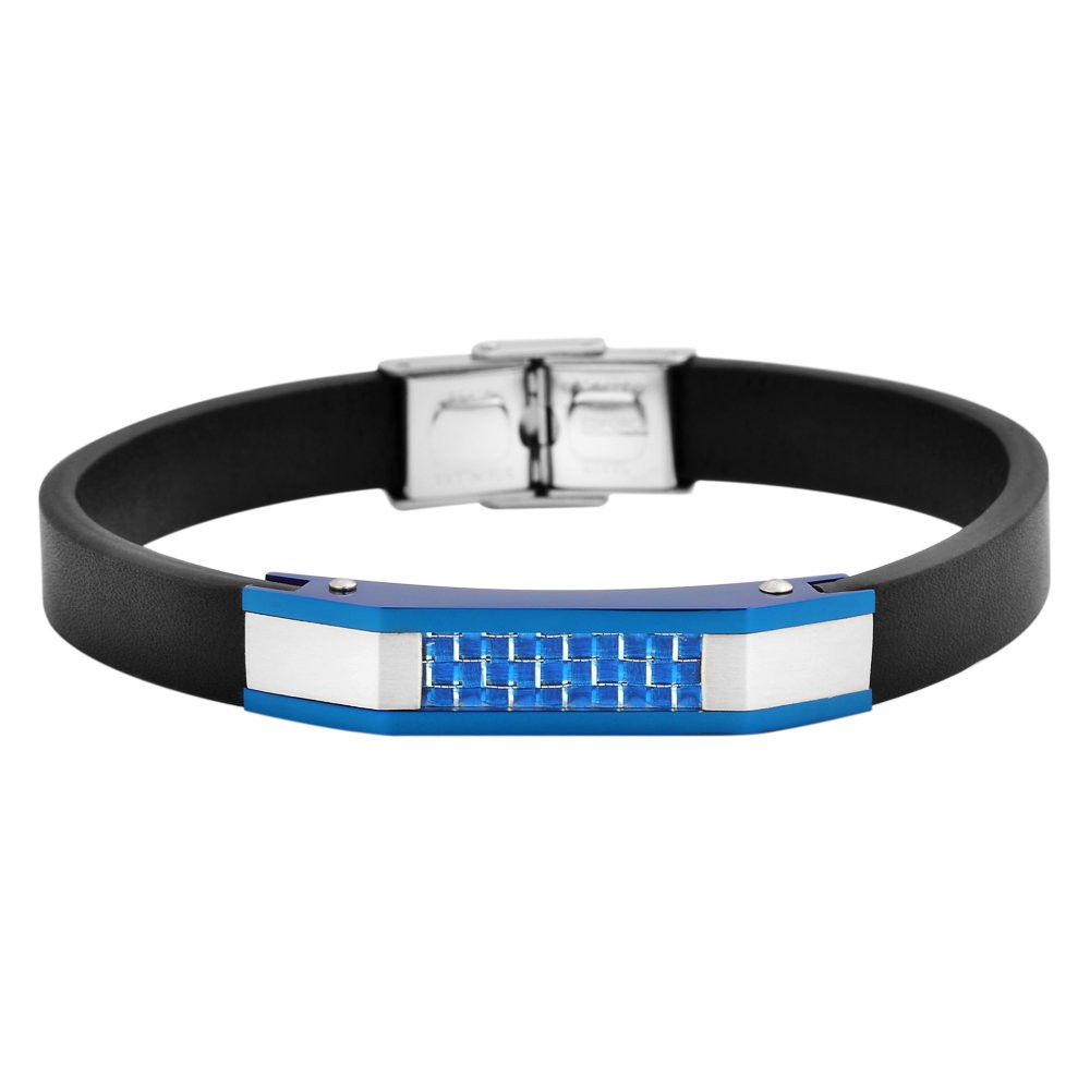 Stainless Steel Blue Men's Leather Bracelet