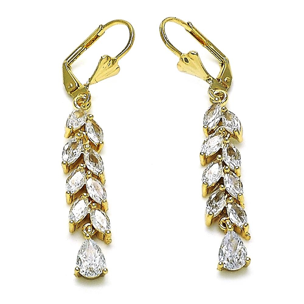 Gold Filled Long Earring Leaf and Teardrop Design with White Cubic Zirconia Polished Golden Finish