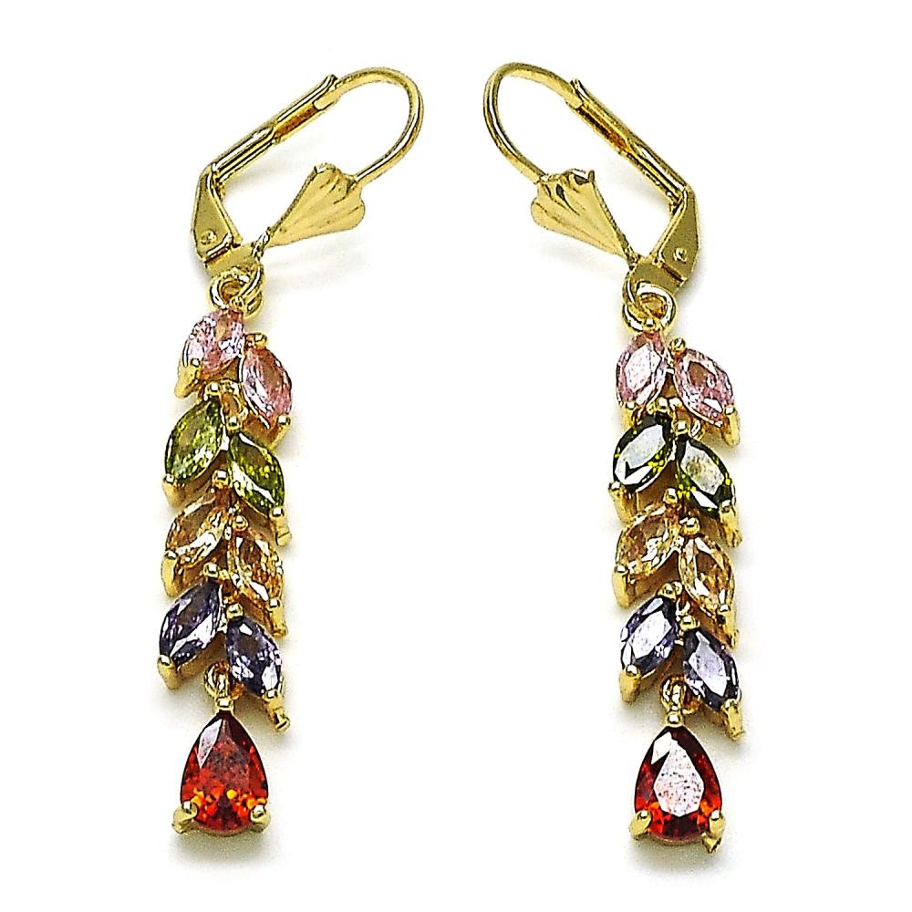 Gold Filled Long Earrings Leaf and Teardrop Design with Multicolor Cubic Zirconia Polished Golden Finish