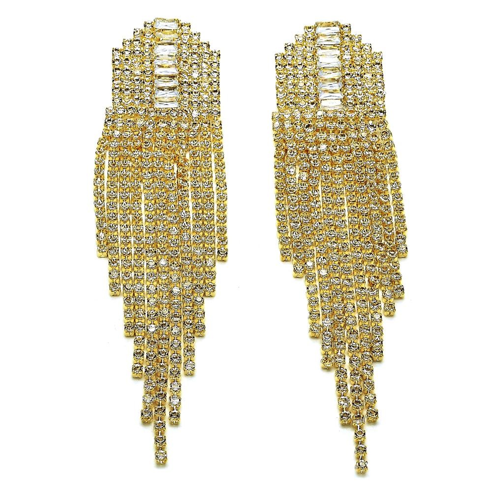 Gold Filled Long Earring Baguette Design with White Cubic Zirconia and White Crystal Polished Golden Finish