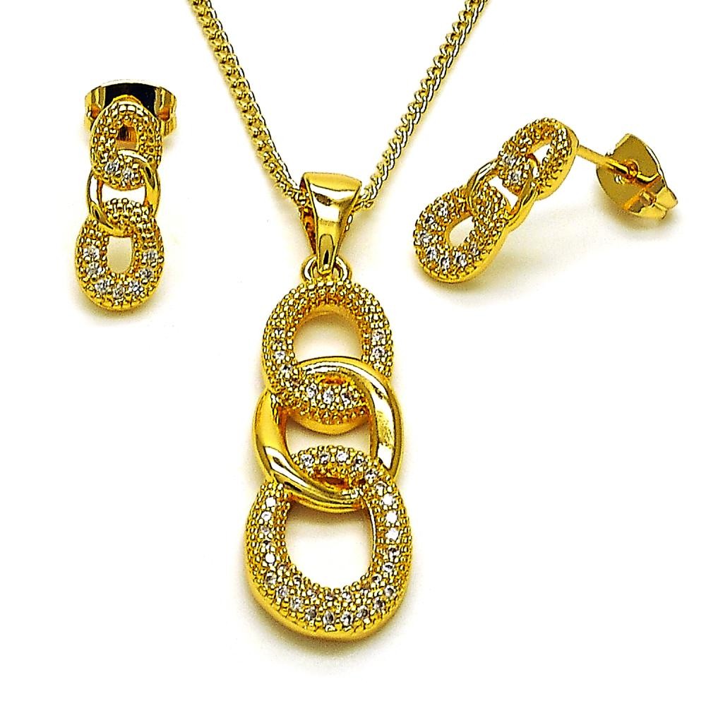Gold Filled Earring and Pendant Set Link Design with White Cubic Zirconia and White Micro Pave Polished Golden Finish