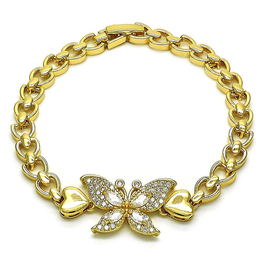 Gold Filled Fancy Bracelet Butterfly and Heart Design with White Cubic Zirconia and White Micro Pave Polished Golden Finish
