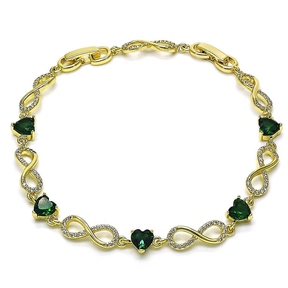 Gold Filled Fancy Bracelet Infinite and Heart Design with Green Cubic Zirconia and White Micro Pave Polished Golden Finish