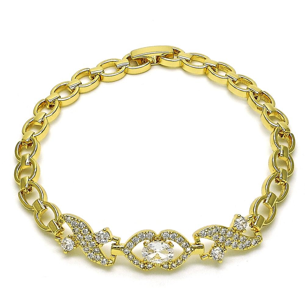 Gold Filled Fancy Bracelet Oval Design with White Cubic Zirconia and White Micro Pave Polished Golden Finish 8 MM Thickness 7 Inches Length