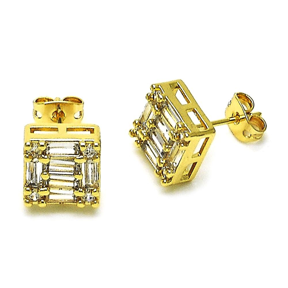 Gold Filled Stud Earrings Baguette Design with White Cubic Zirconia Polished Golden Finish