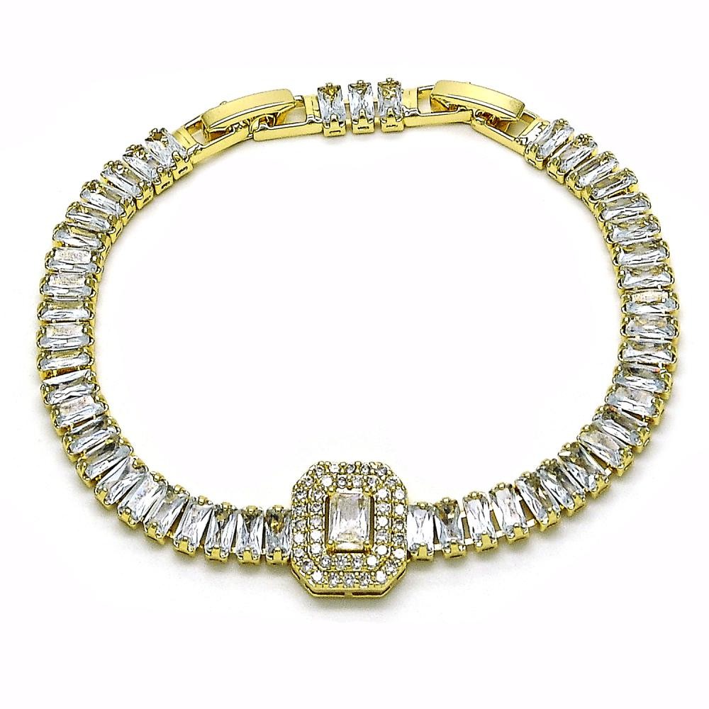 Gold Filled Fancy Bracelet Baguette Design with White Cubic Zirconia Polished Golden Finish 7 Inches Length