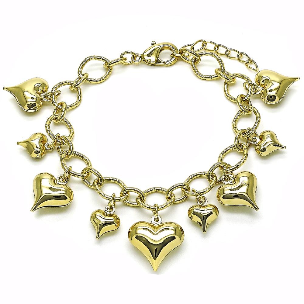 Gold Filled Charm Bracelet Rolo and Heart Design Polished Golden Finish
