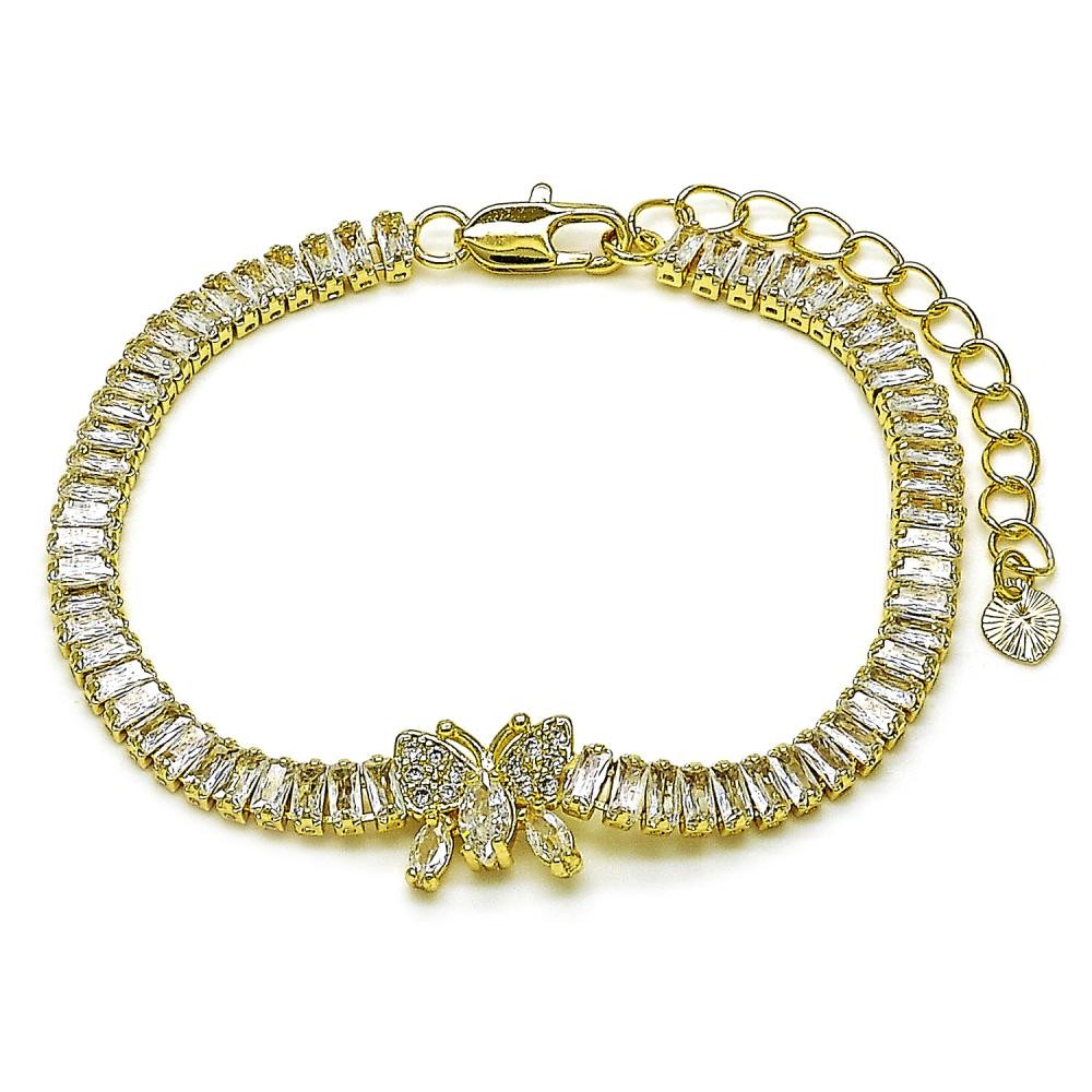 Gold Filled Fancy Bracelet Butterfly Baguette Design with White Cubic Zirconia Polished Golden Finish 7 Inches Length