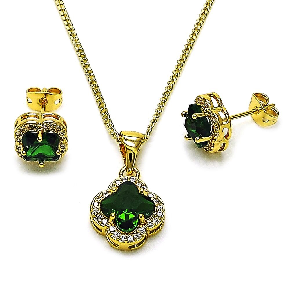 Gold Filled Earring and Pendant Set Flower Design with White and Emerald Micro Pave Cubic Zirconia Polished Golden Finish