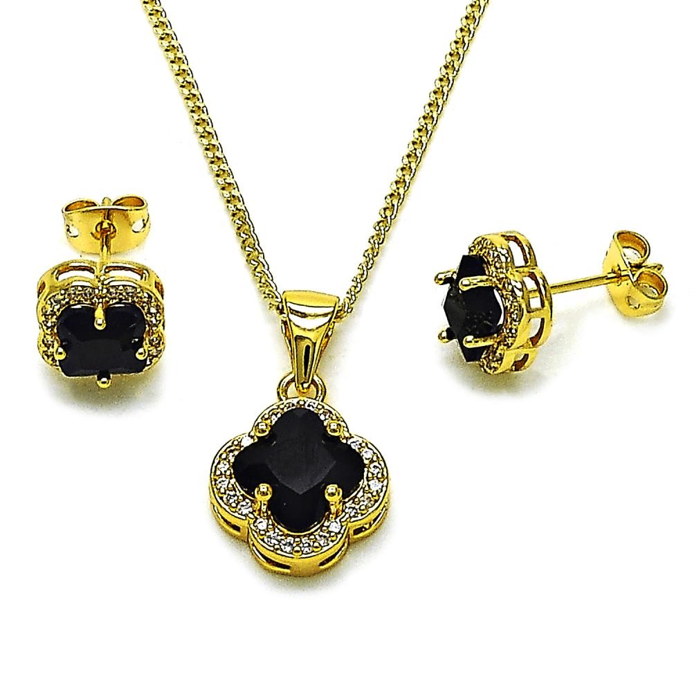 Gold Filled Earring and Pendant Set Flower Design with White and Black Micro Pave Cubic Zirconia Polished Golden Finish