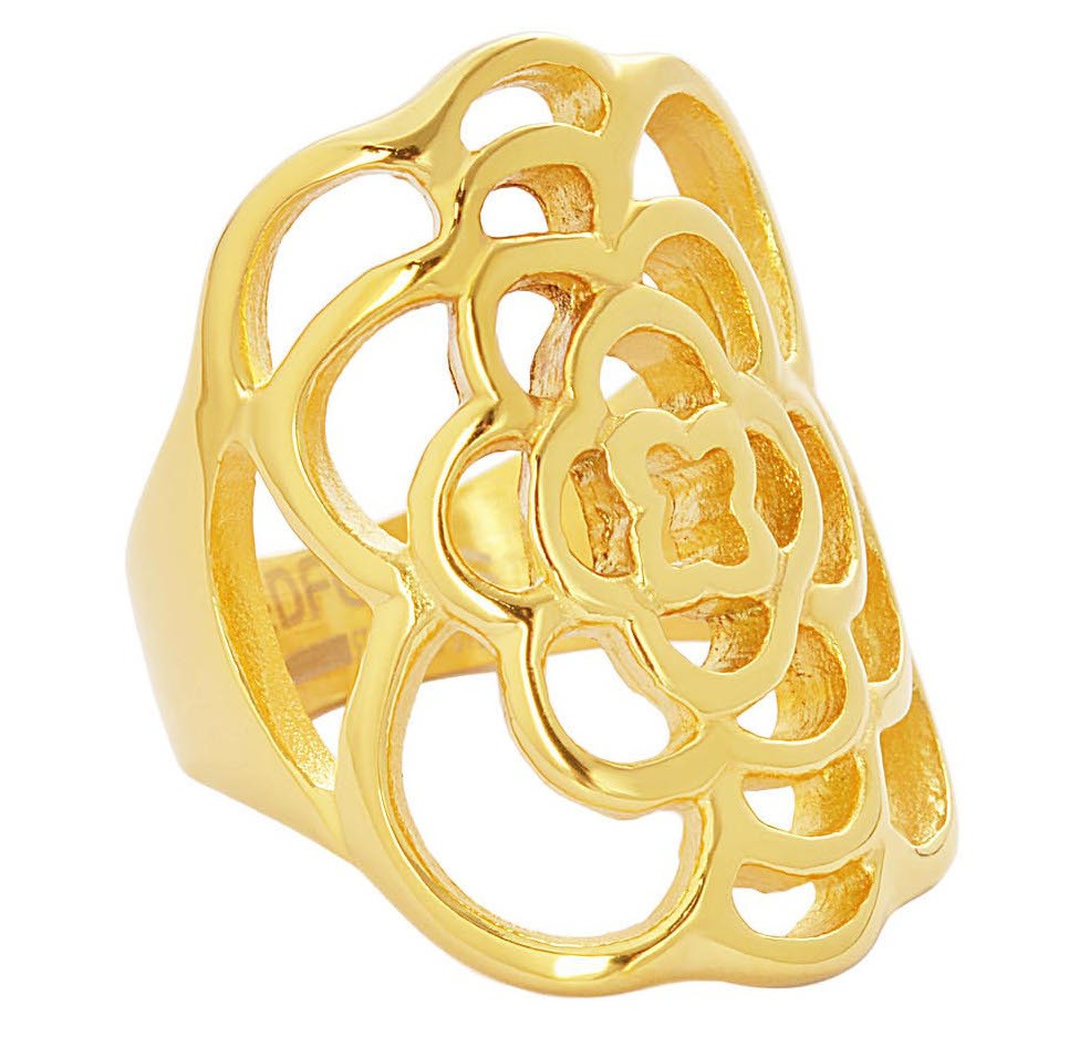 Stainless Steel Gold Tone Flower Pattern Ladies Ring