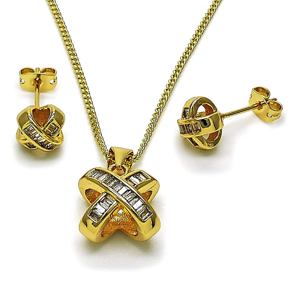 Gold Filled Earring and Pendant Set Baguette and Love Knot Design with White Cubic Zirconia Polished
