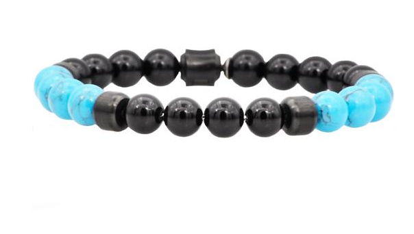 Men's Genuine Onyx And Turquoise Black Plated Stainless Steel Beaded Bracelet