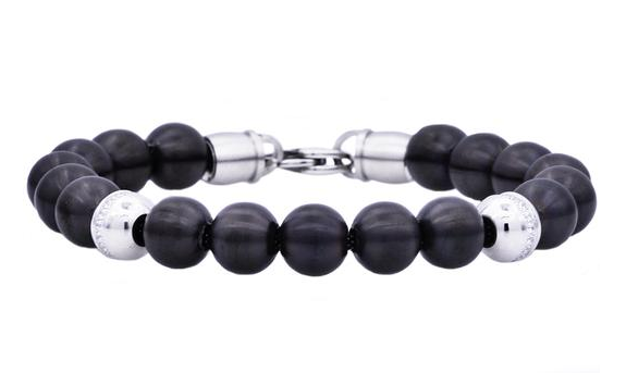 Men's Black Plated Stainless Steel Beaded Bracelet With Cubic Zirconia