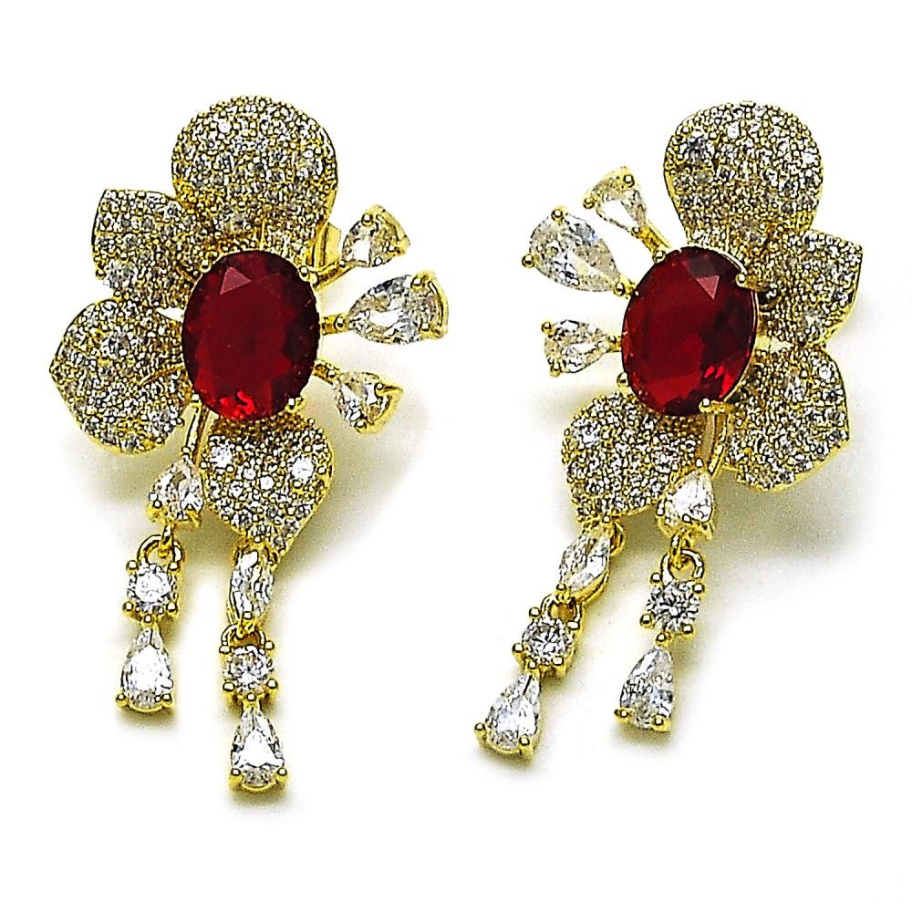 Gold Filled Drop Earrings Cluster and Flower Design with Garnet and White Cubic Zirconia Polished