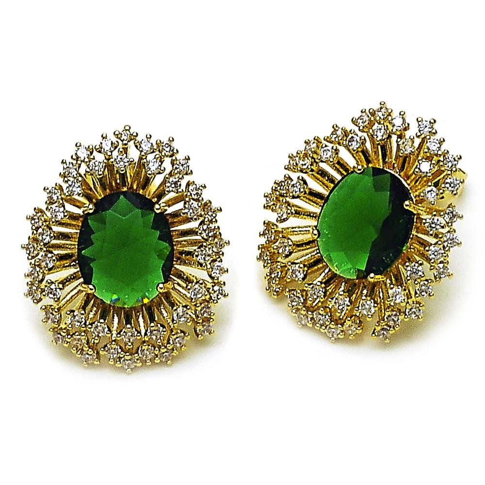 Gold Filled Stud Earrings Cluster and Flower Design with Emerald and White Cubic Zirconia Polished