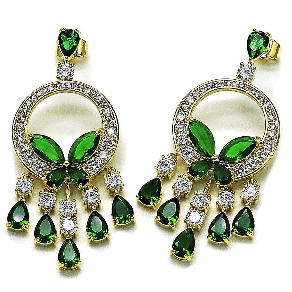 Gold Filled Drop Earrings Butterfly Design with Emerald and White Cubic Zirconia Polished