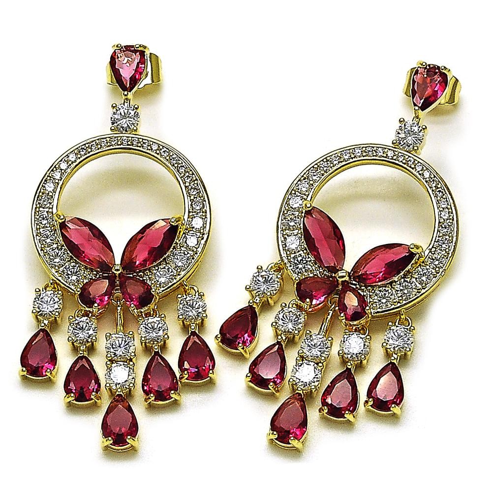 Gold Filled Drop Earrings Butterfly Design with Garnet and White Cubic Zirconia Polished