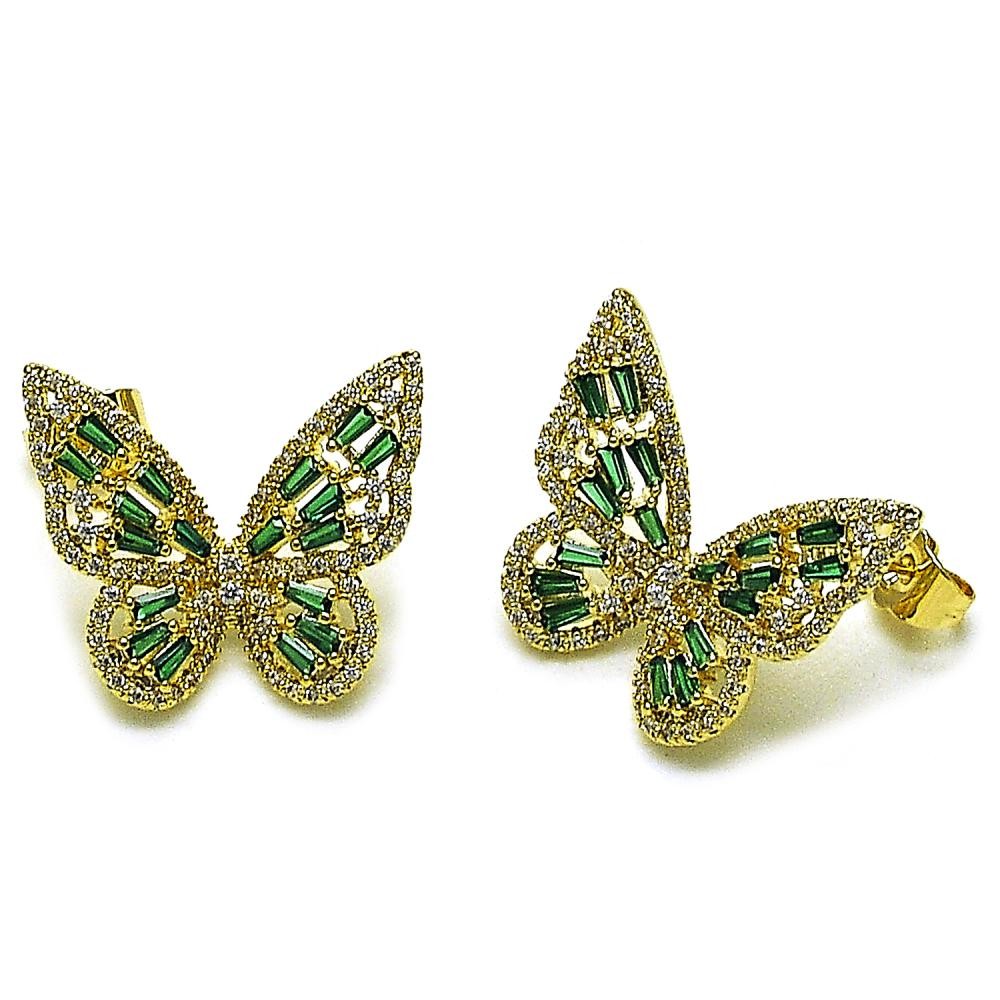 Gold Filled Stud Earring Style Butterfly and Baguette Design with Green and White Cubic Zirconia Polished Golden Finish