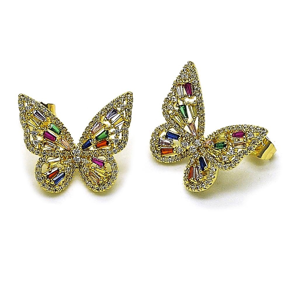 Gold Filled Stud Earring Butterfly and Baguette Design with Multicolor and White Cubic Zirconia Polished Golden Finish