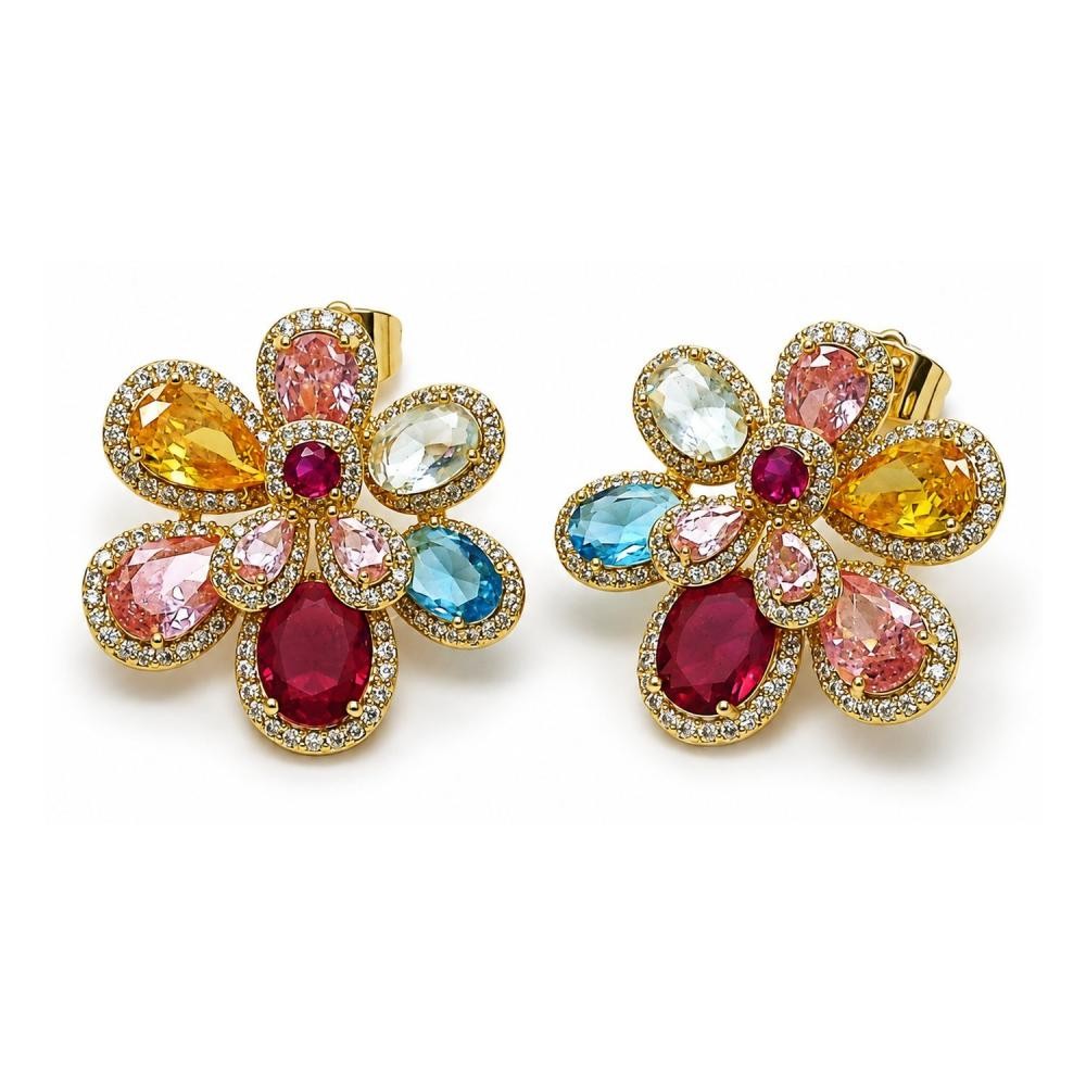 Gold Filled Stud Earrings Flower and Teardrop Design with Multicolor Cubic Zirconia and White Micro Pave Polished