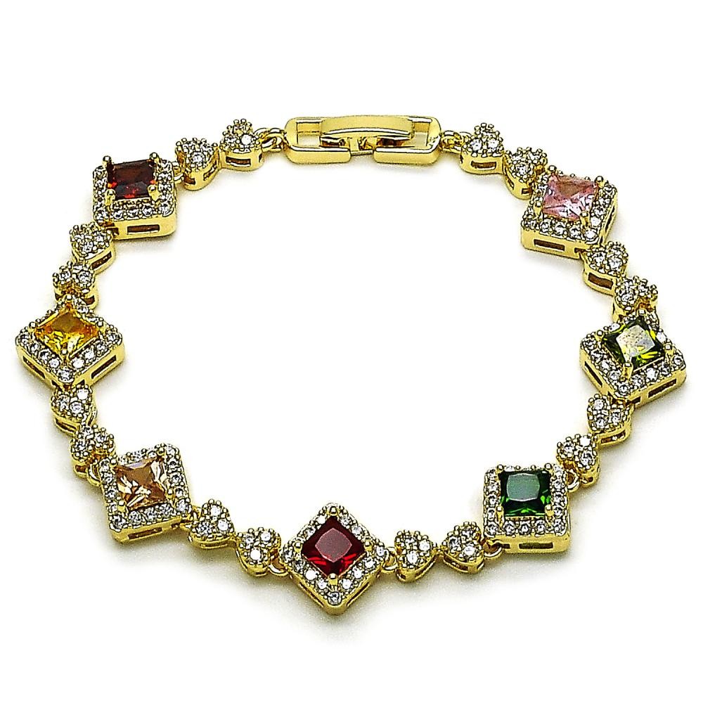 Gold Filled Tennis Bracelet Cluster and Heart Design with Multicolor and White Cubic Zirconia Polished Golden Finish
