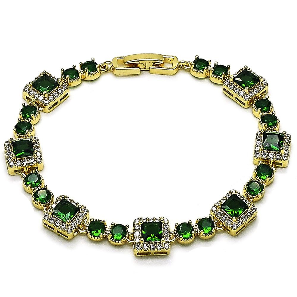 Gold Filled Tennis Bracelet Cluster Design with Green and White Cubic Zirconia Polished Golden Finish