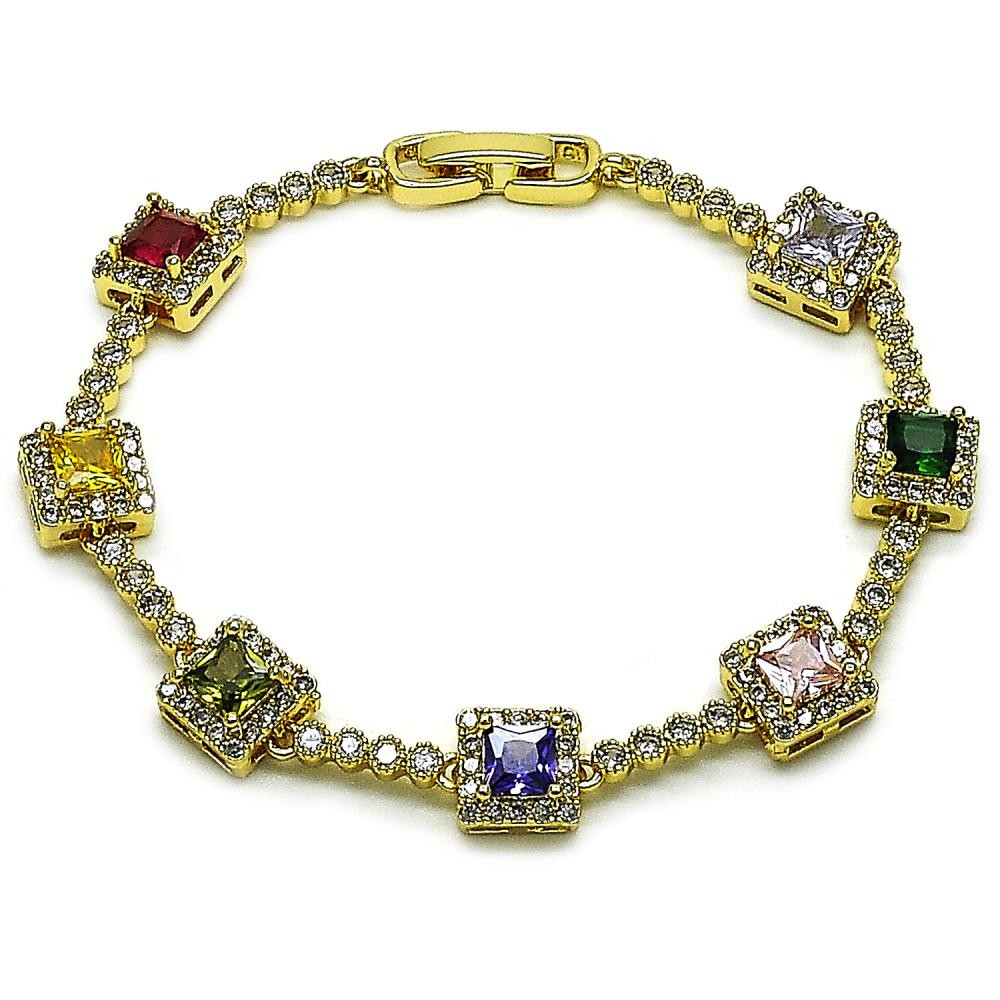 Gold Filled Tennis Bracelet Cluster Design with Multicolor and White Cubic Zirconia Polished Golden Finish 8 Inches Length