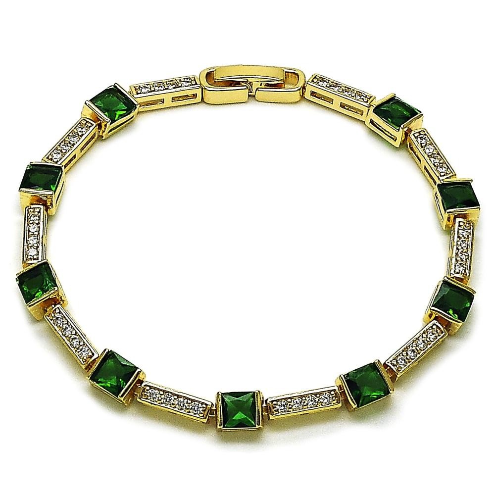 Gold Filled Tennis Bracelet with Green and White Cubic Zirconia Polished Golden Finish 8 Inches Length