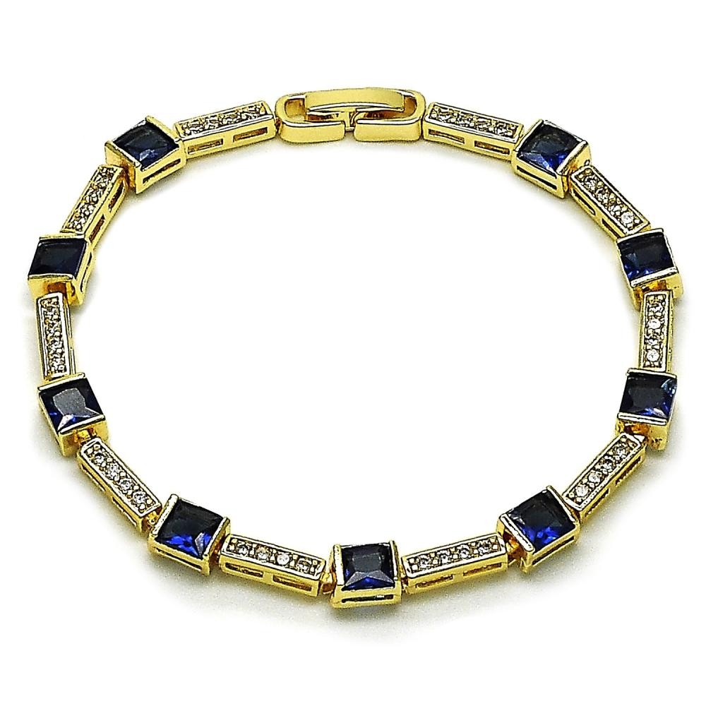 Gold Filled Tennis Bracelet with Sapphire Blue and White Cubic Zirconia Polished Golden Finish 8 Inches Length