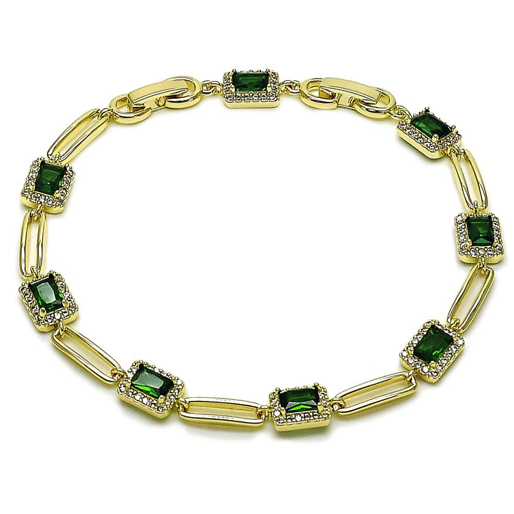 Gold Filled Tennis Bracelet Cluster Design with Green and White Cubic Zirconia Polished Golden Finish 8 Inches Length