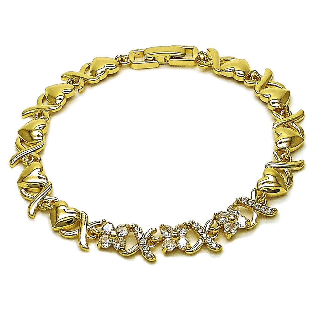Gold Filled Fancy Bracelet  Hugs and Kisses and Heart Design with White Cubic Zirconia Polished Golden Finish 8 MM Thickness 8 Inches Length