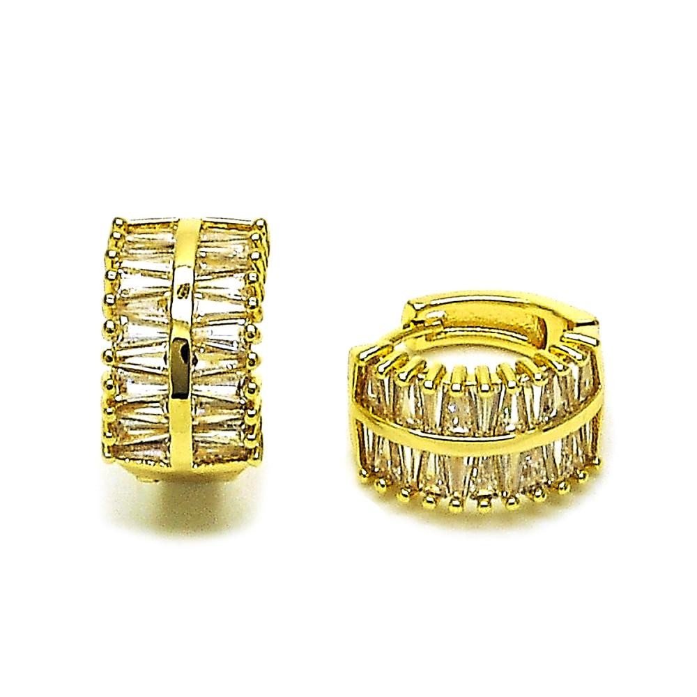 Gold Filled Huggie Hoop Style Baguette Design with White Cubic Zirconia Polished Golden Finish